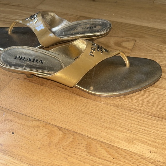 Prada gold w/silver hardware slides/sandals w/ kitten heel. - Picture 7 of 9